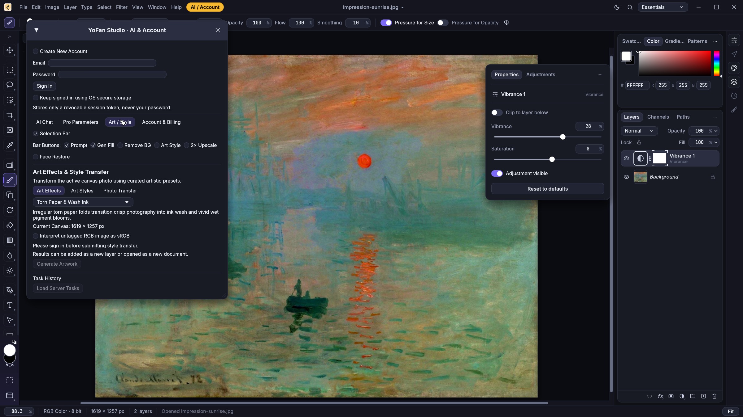 Current YoFan Studio Studio Dark workspace editing Claude Monet's Impression, Sunrise with the YoFan Studio AI and Account window open on the Art / Style tab alongside the active canvas and floating Vibrance 1 Properties card.