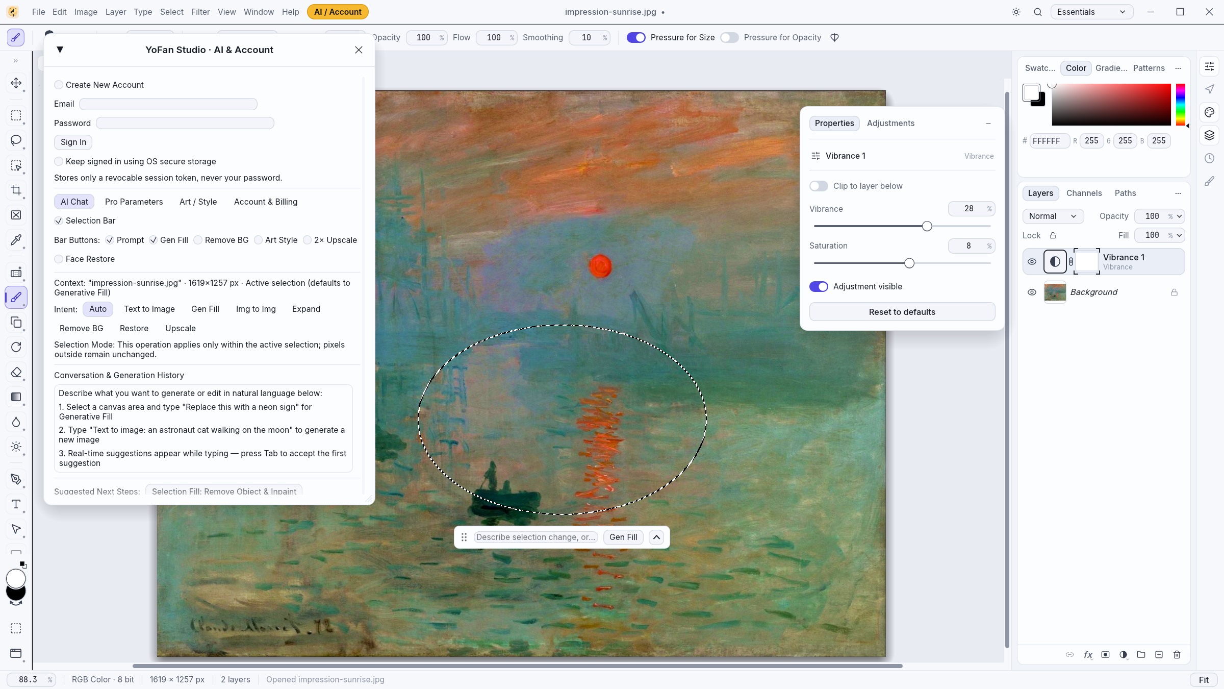 Current YoFan Studio Studio Light workspace editing Claude Monet's Impression, Sunrise with an active elliptical selection, the Floating Contextual Selection AI Bar, the floating Vibrance 1 card, and the YoFan Studio AI and Account window open on the AI Chat tab.