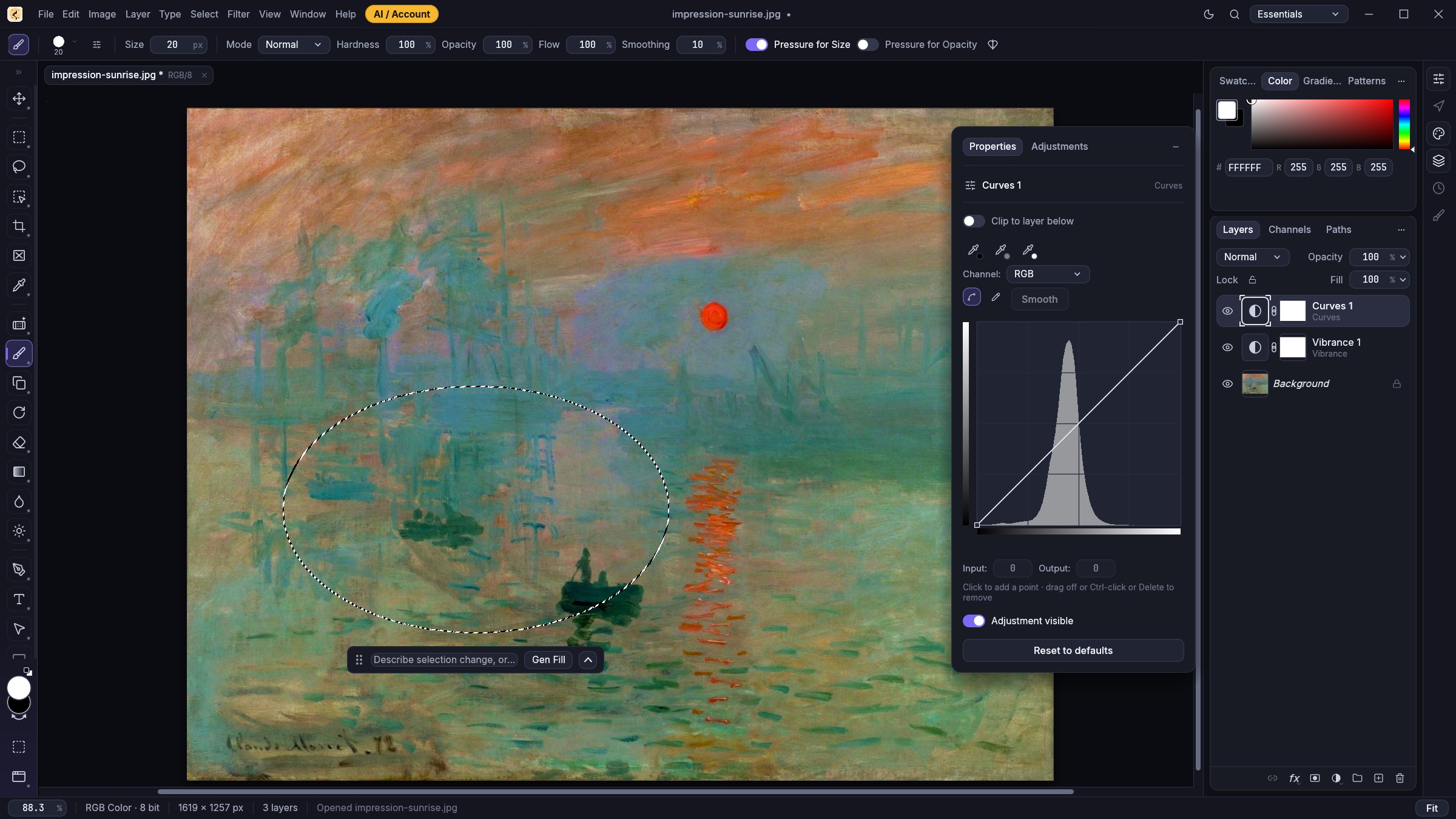 Current YoFan Studio Studio Dark workspace editing Claude Monet's Impression, Sunrise, showing the top-bar AI / Account button, an active elliptical selection with the Floating Contextual Selection AI Bar, the floating Properties card with an interactive RGB Curves histogram, and Curves and Vibrance adjustment layers.
