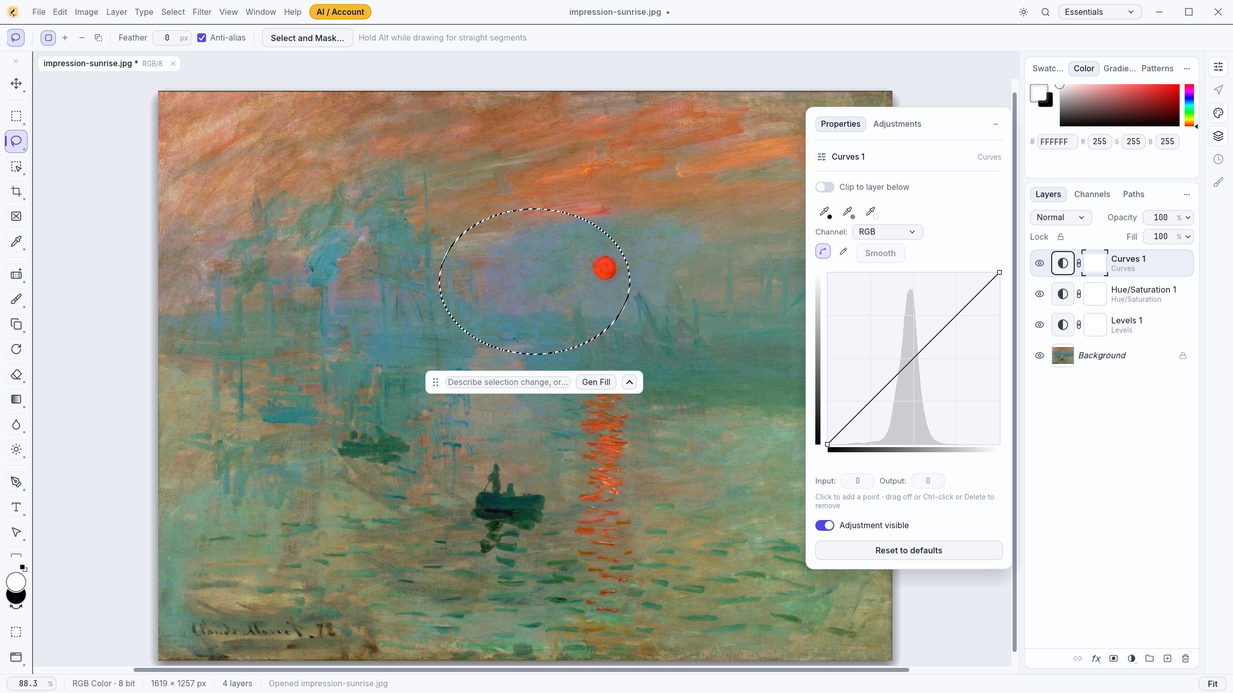 Current YoFan Studio Studio Light workspace showing the Lasso tool options bar with Select and Mask, an active elliptical selection on Claude Monet's Impression, Sunrise with the Floating Contextual Selection AI Bar, the floating Curves 1 RGB histogram card, and stacked Curves, Hue/Saturation, and Levels adjustment layers.